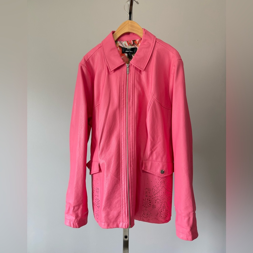 Dennis Basso Luxe Faux Leather Jacket with Laser-Cut Detail COLOR: Pink XL